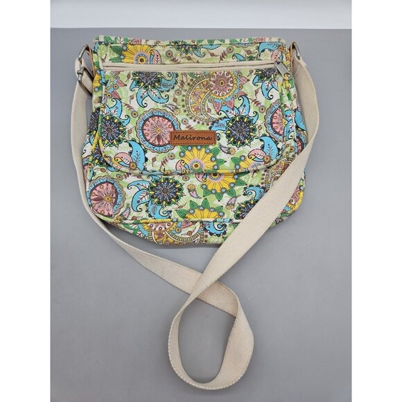Malirona Floral Crossbody Canvas Handbag Multi Pocket Pre-Owned - Picture 1 of 12
